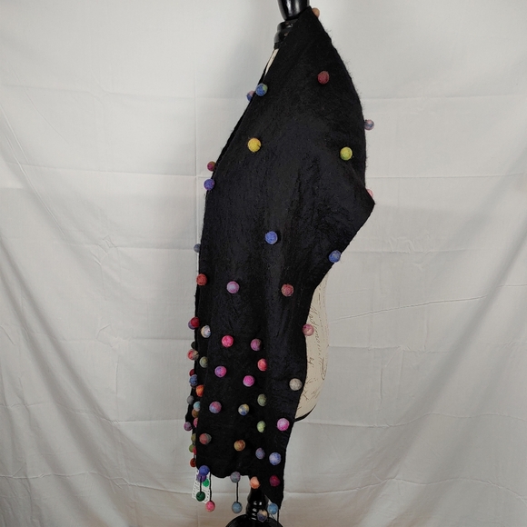 Sugar Dot Wool & Silk Black with Multicolored Wool Balls Scarf Handmade NWT - Picture 3 of 11